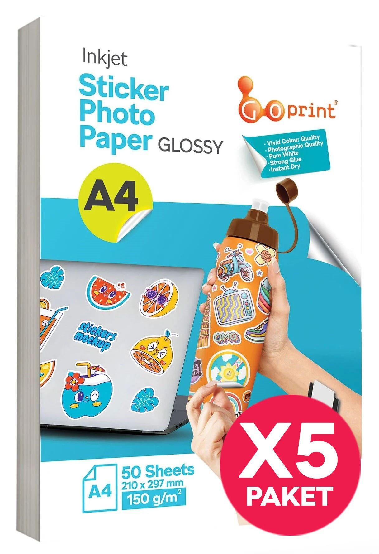 5 Paket Goprint Yapışkanlı Inkjet Sticker Fotoğraf Kağıdı Parlak A4 150g 50 yaprak