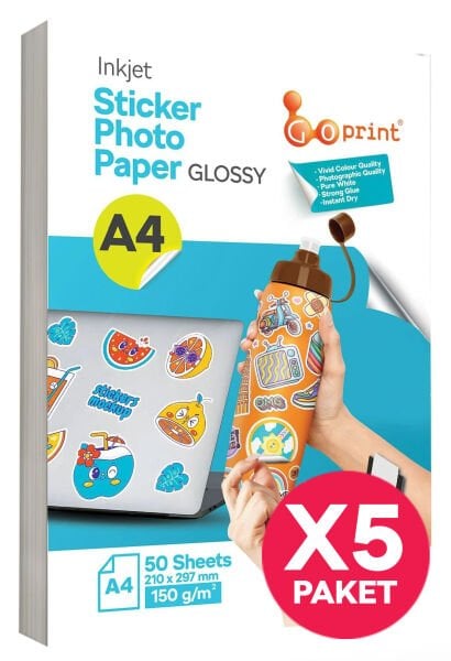 5 Paket Goprint Yapışkanlı Inkjet Sticker Fotoğraf Kağıdı Parlak A4 150g 50 yaprak