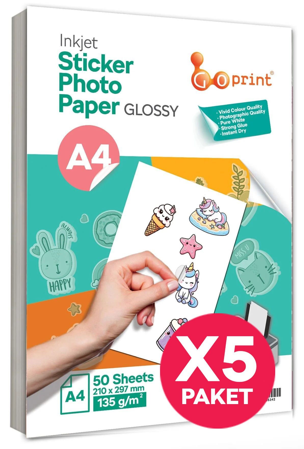 5 Paket Goprint Yapışkanlı Inkjet Sticker Fotoğraf Kağıdı Parlak A4 135g 50 yaprak