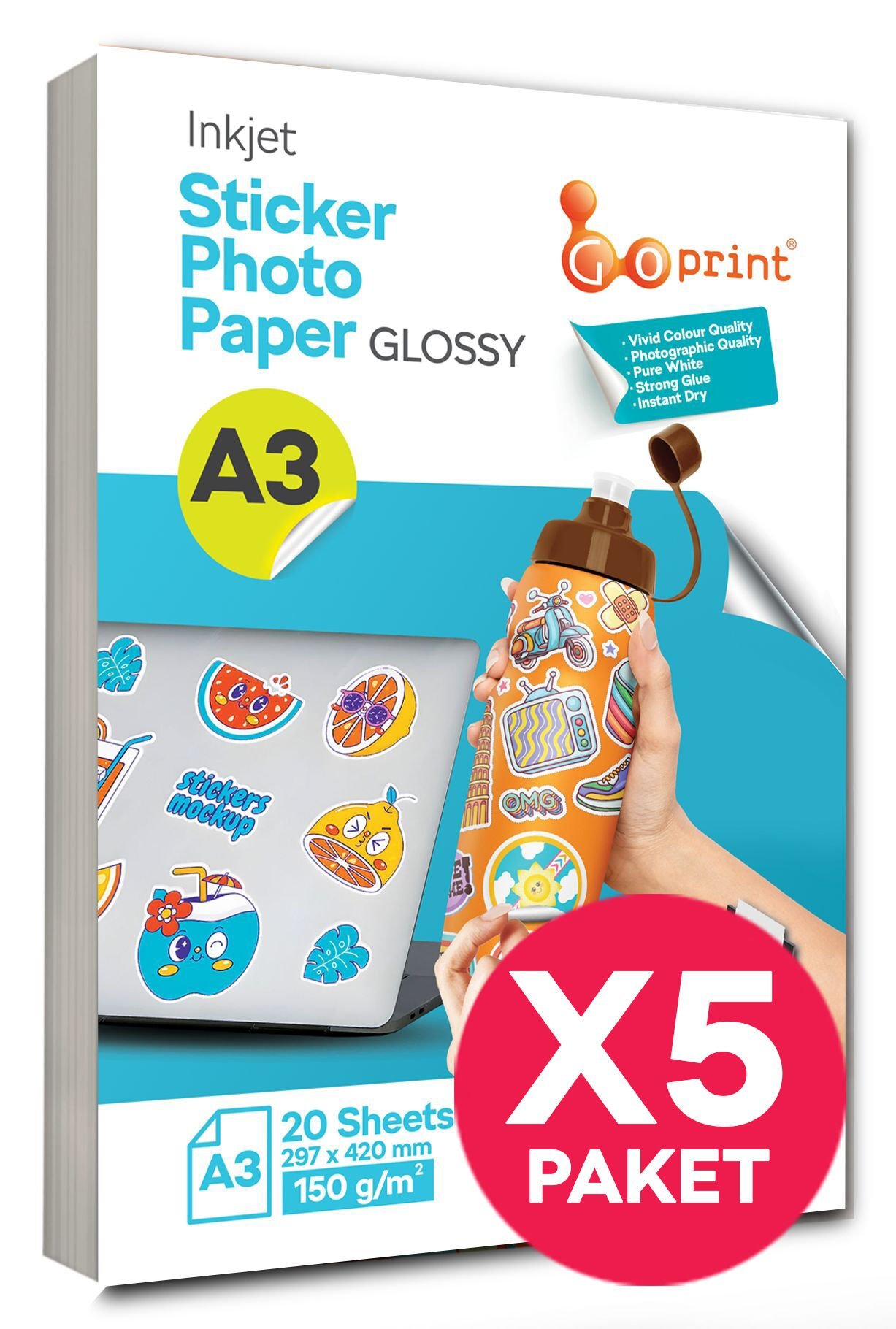 5 paket Goprint Yapışkanlı Inkjet Sticker Fotoğraf Kağıdı Parlak A3 150g 20 yaprak