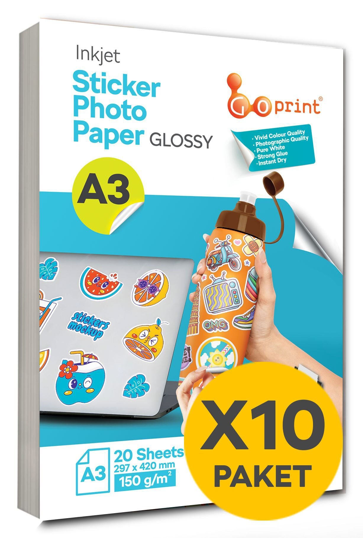 10 paket Goprint Yapışkanlı Inkjet Sticker Fotoğraf Kağıdı Parlak A3 150g 20 yaprak