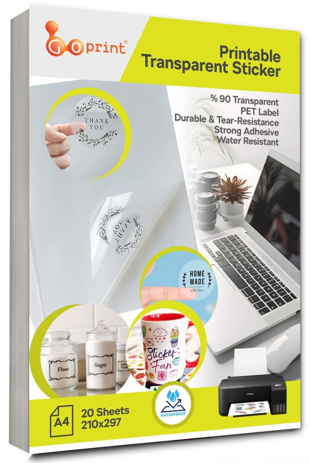 Goprint Inkjet Yarı Şeffaf PET Plastik Etiket A4 20 yaprak 47 micron