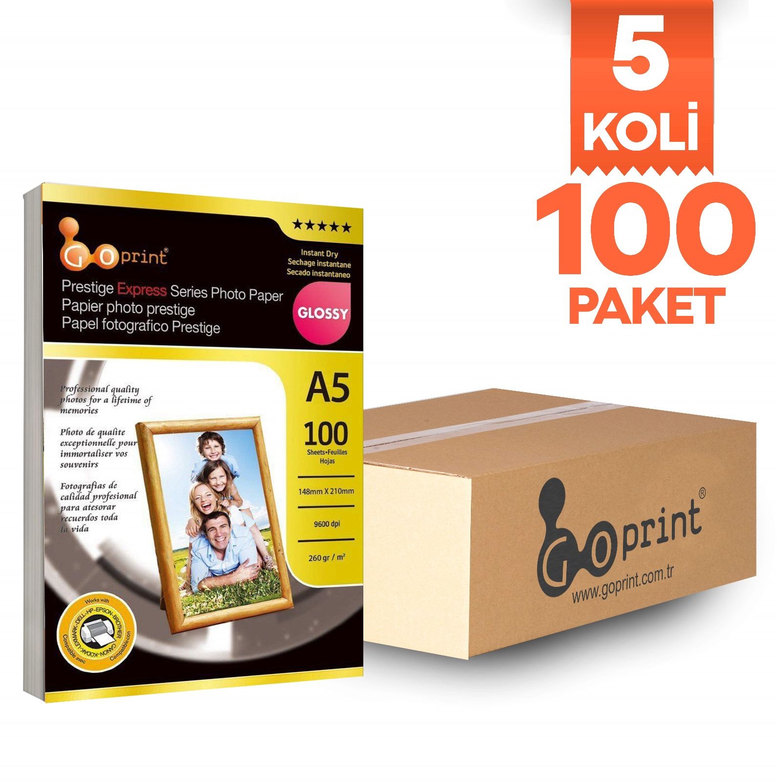 5 Koli Goprint PRESTIGE EXPRESS Serisi Parlak A5 15x21 cm Fotoğraf Kağıdı 260gr 100 Yaprak