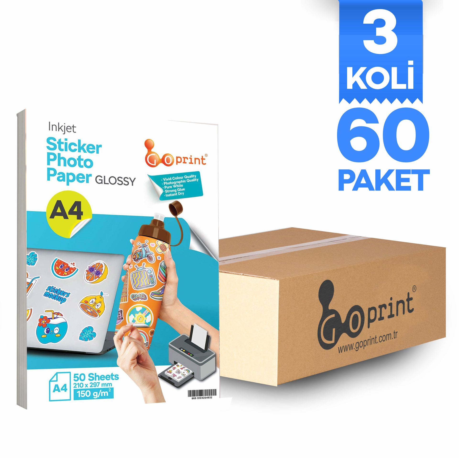 3 Koli Goprint Yapışkanlı Inkjet Sticker Fotoğraf Kağıdı Parlak A4 150g 50 yaprak