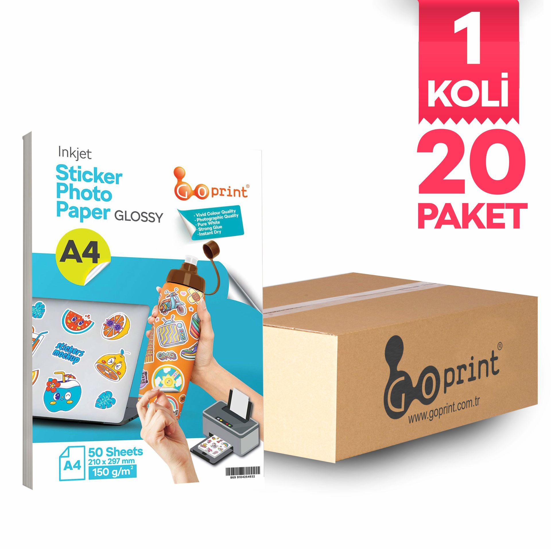 1 Koli Goprint Yapışkanlı Inkjet Sticker Fotoğraf Kağıdı Parlak A4 150g 50 yaprak