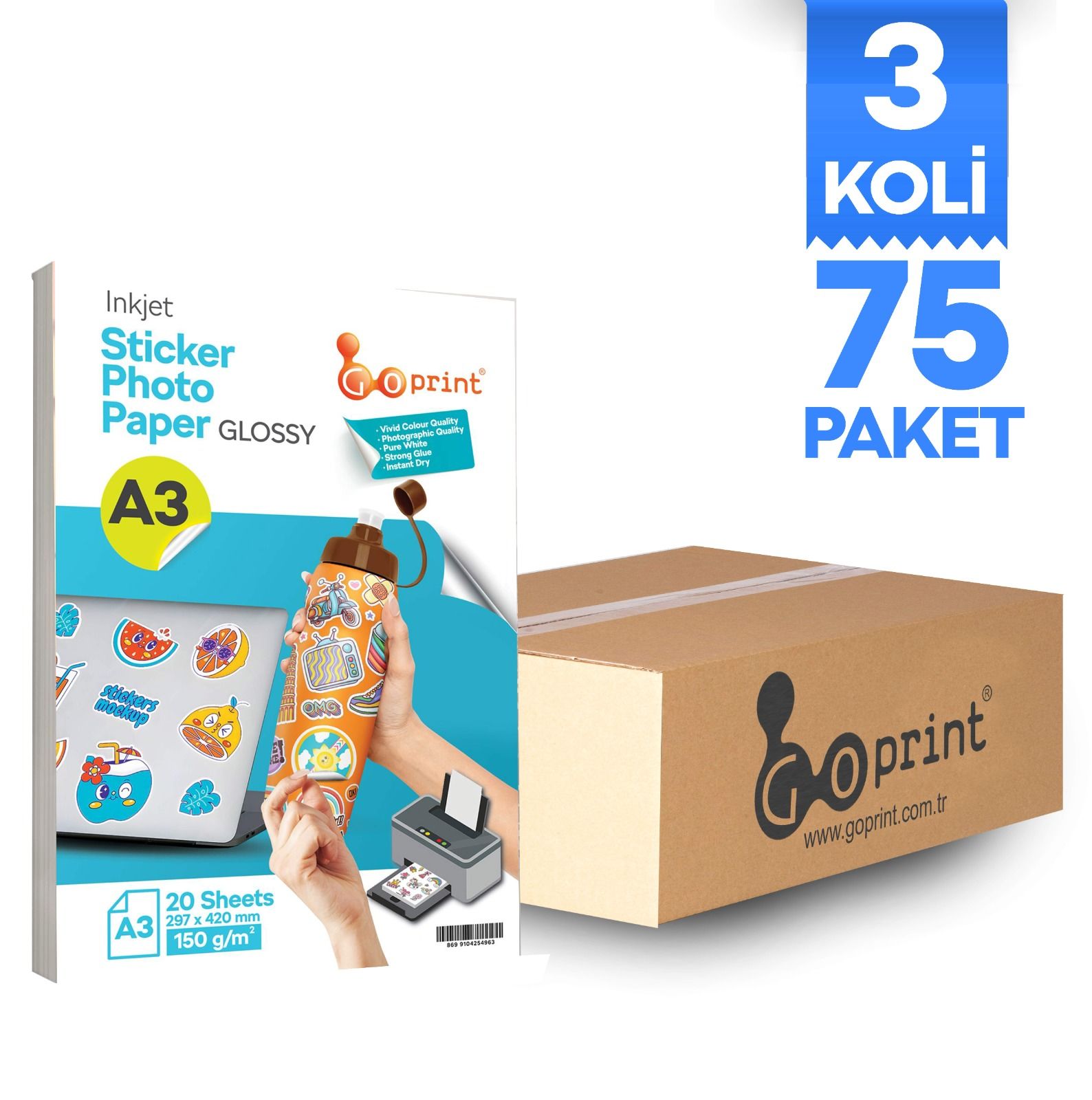 3 Koli Goprint Yapışkanlı Inkjet Sticker Fotoğraf Kağıdı Parlak A3 150g 20 yaprak