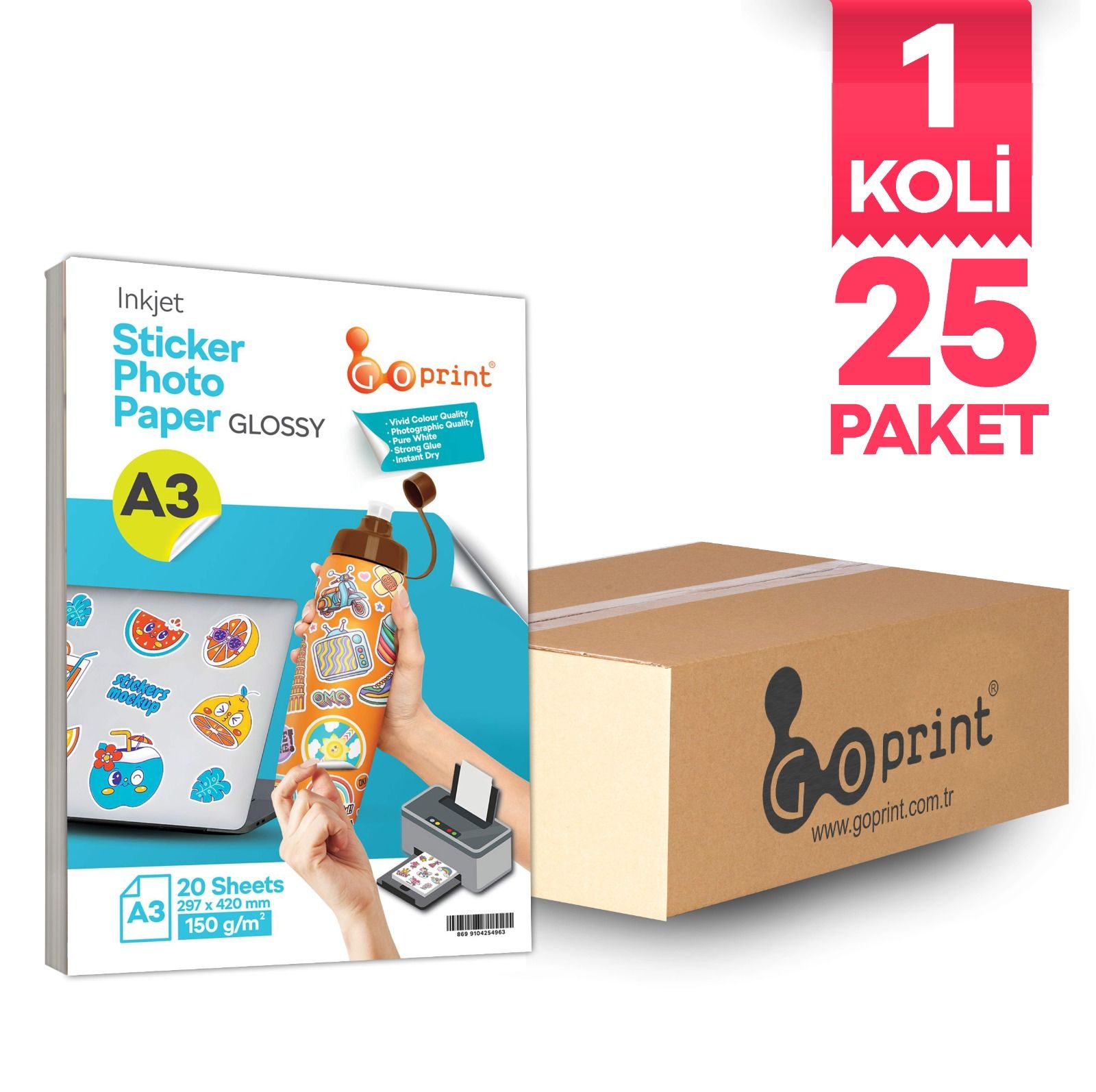 1 Koli Goprint Yapışkanlı Inkjet Sticker Fotoğraf Kağıdı Parlak A3 150g 20 yaprak
