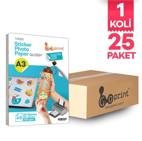 1 Koli Goprint Yapışkanlı Inkjet Sticker Fotoğraf Kağıdı Parlak A3 150g 20 yaprak