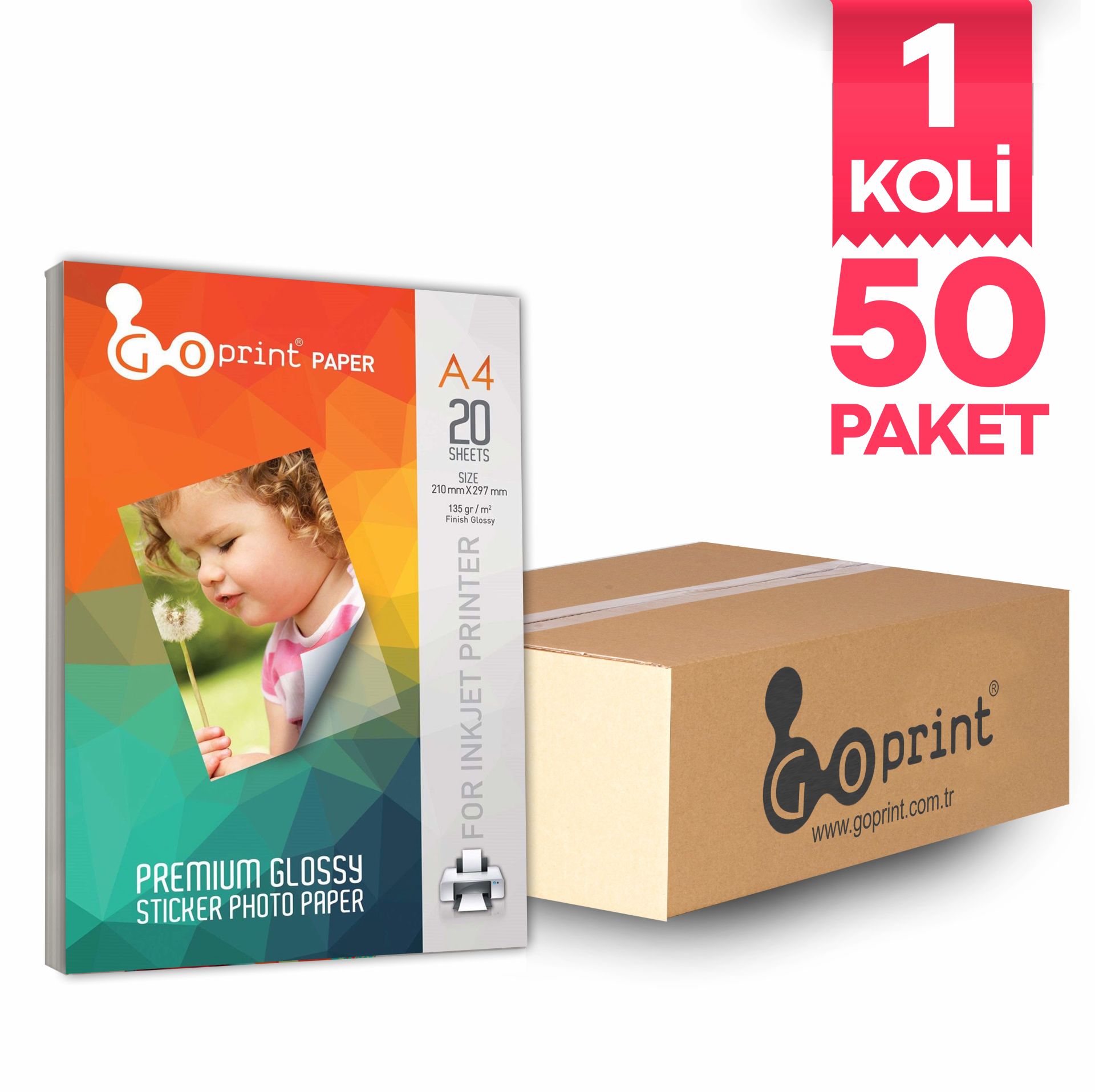 1 Koli Goprint STICKER Yapışkanlı Fotoğraf Kağıdı Parlak A4 135 gr, 20 Yaprak