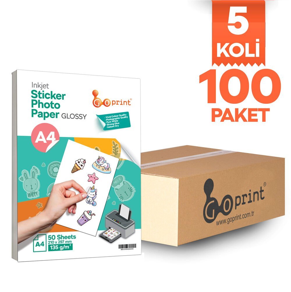 5 Koli Goprint Yapışkanlı Inkjet Sticker Fotoğraf Kağıdı Parlak A4 135g 50 yaprak