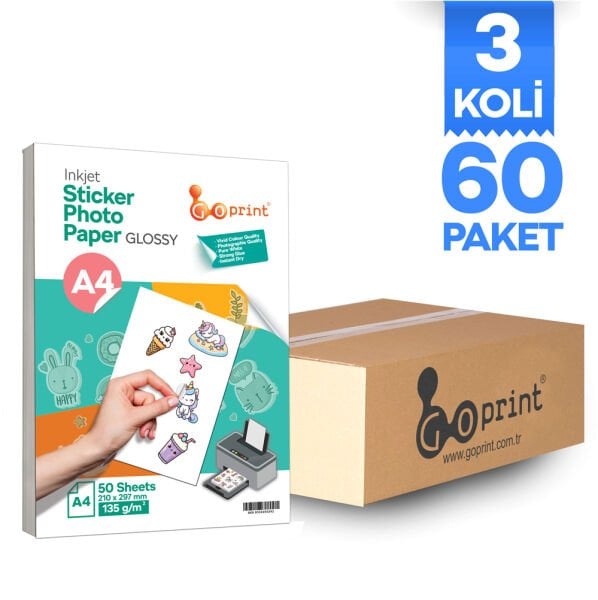 3 Koli Goprint Yapışkanlı Inkjet Sticker Fotoğraf Kağıdı Parlak A4 135g 50 yaprak