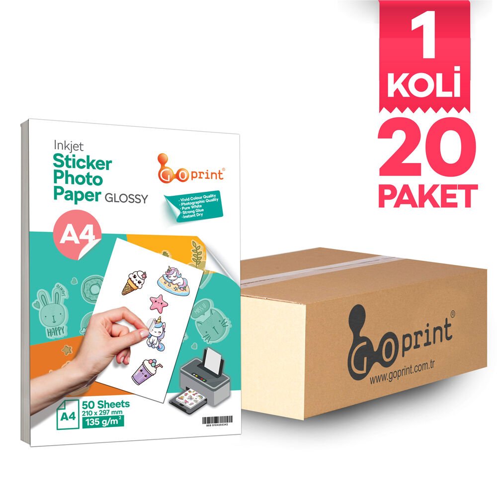 1 Koli Goprint Yapışkanlı Inkjet Sticker Fotoğraf Kağıdı Parlak A4 135g 50 yaprak