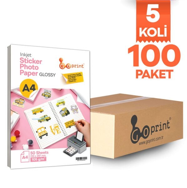 5 Koli Goprint Yapışkanlı Inkjet Sticker Fotoğraf Kağıdı Parlak A4 105g 50 yaprak