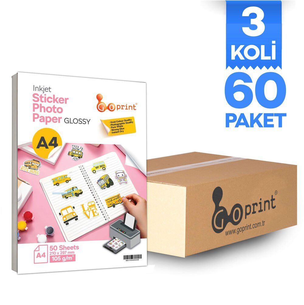 3 Koli Goprint Yapışkanlı Inkjet Sticker Fotoğraf Kağıdı Parlak A4 105g 50 yaprak