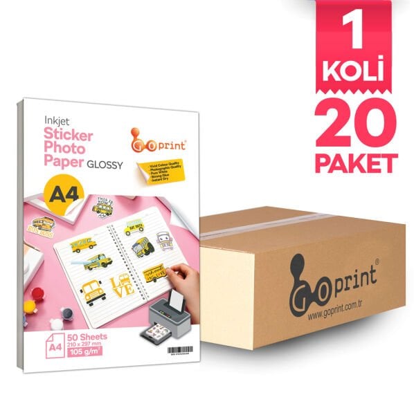 1 Koli Goprint Yapışkanlı Inkjet Sticker Fotoğraf Kağıdı Parlak A4 105g 50 yaprak
