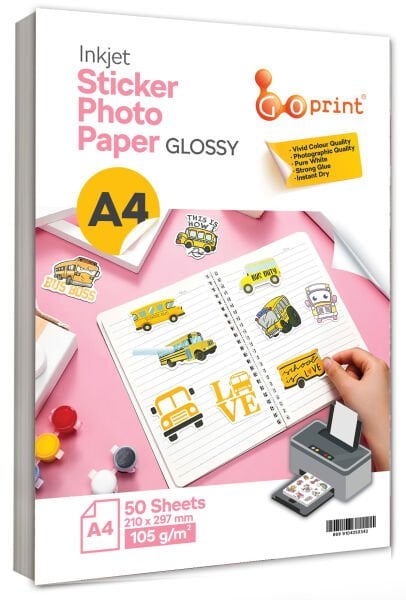 1 Koli Goprint Yapışkanlı Inkjet Sticker Fotoğraf Kağıdı Parlak A4 105g 50 yaprak