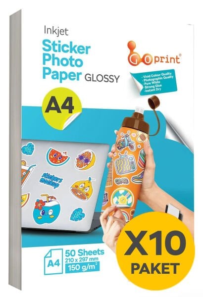 10 Paket Goprint Yapışkanlı Inkjet Sticker Fotoğraf Kağıdı Parlak A4 150g 50 yaprak