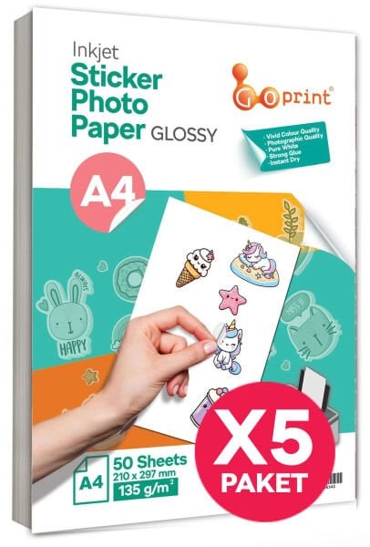 5 Paket Goprint Yapışkanlı Inkjet Sticker Fotoğraf Kağıdı Parlak A4 135g 50 yaprak