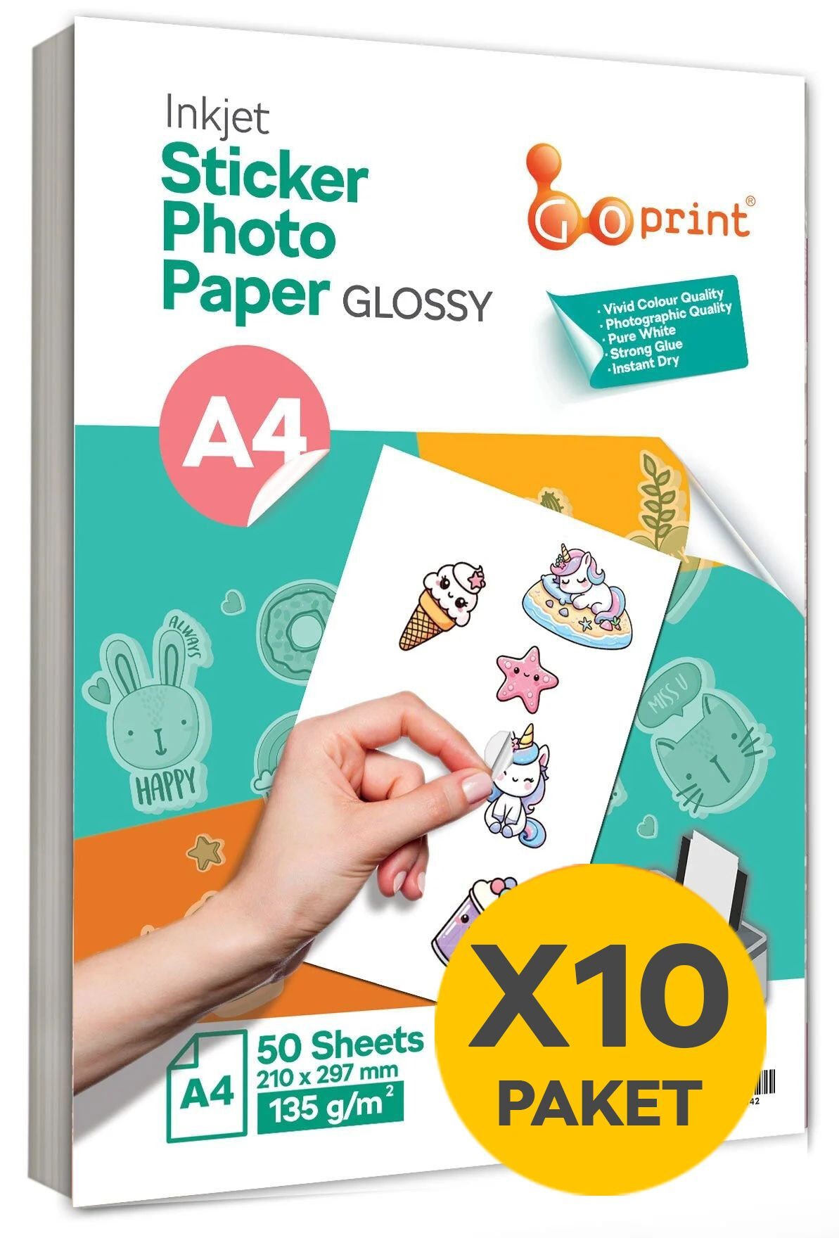 10 Paket Goprint Yapışkanlı Inkjet Sticker Fotoğraf Kağıdı Parlak A4 135g 50 yaprak