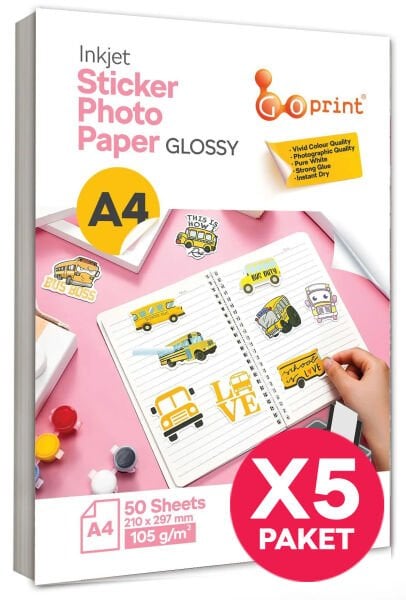 5 Paket Goprint Yapışkanlı Inkjet Sticker Fotoğraf Kağıdı Parlak A4 105g 50 yaprak
