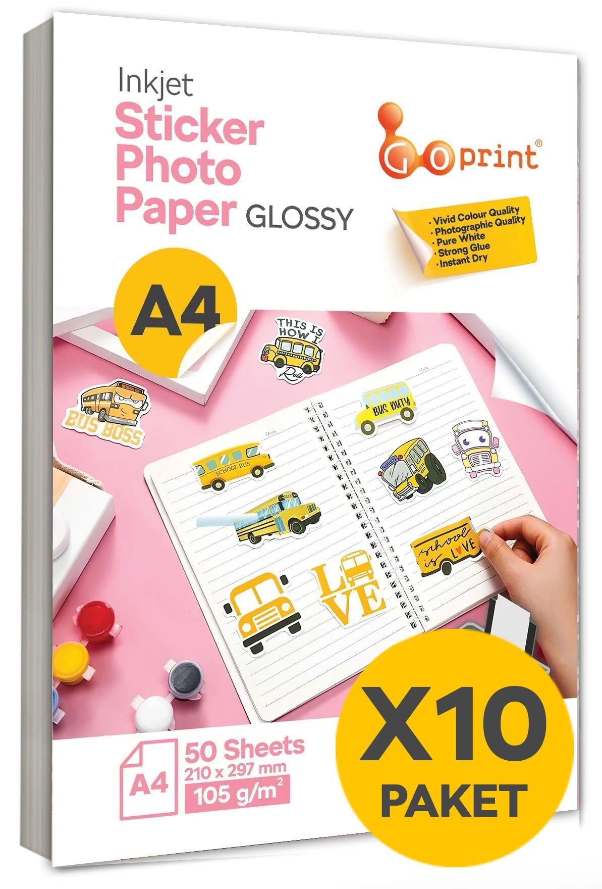 10 Paket Goprint Yapışkanlı Inkjet Sticker Fotoğraf Kağıdı Parlak A4 105g 50 yaprak