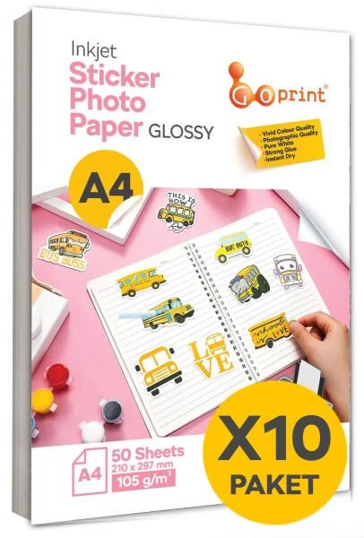 10 Paket Goprint Yapışkanlı Inkjet Sticker Fotoğraf Kağıdı Parlak A4 105g 50 yaprak