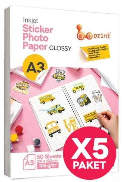 5 Paket Goprint Yapışkanlı Inkjet Sticker Fotoğraf Kağıdı Parlak A3 105g 50 yaprak