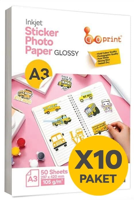 10 Paket Goprint Yapışkanlı Inkjet Sticker Fotoğraf Kağıdı Parlak A3 105g 50 yaprak