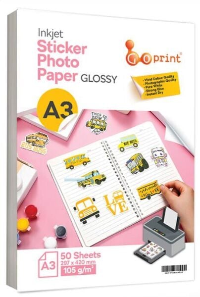 10 Paket Goprint Yapışkanlı Inkjet Sticker Fotoğraf Kağıdı Parlak A3 105g 50 yaprak