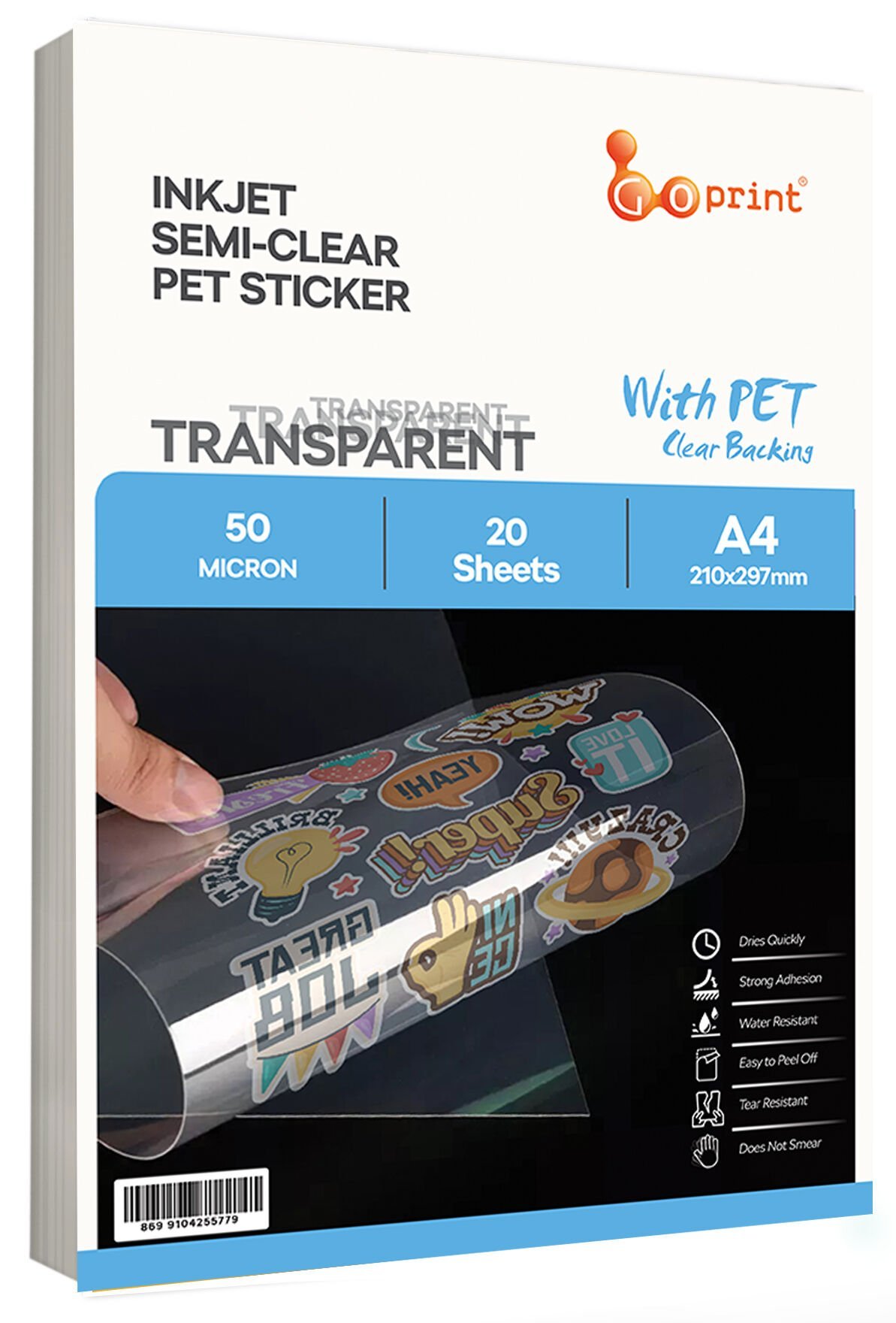 Goprint Inkjet Yarı Şeffaf PET Sticker Şeffaf Zeminli A4 20 yaprak 50 micron