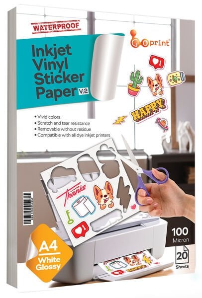 Goprint Inkjet V2 Parlak Beyaz PP Plastik Etiket  A4 20 yaprak 100 micron