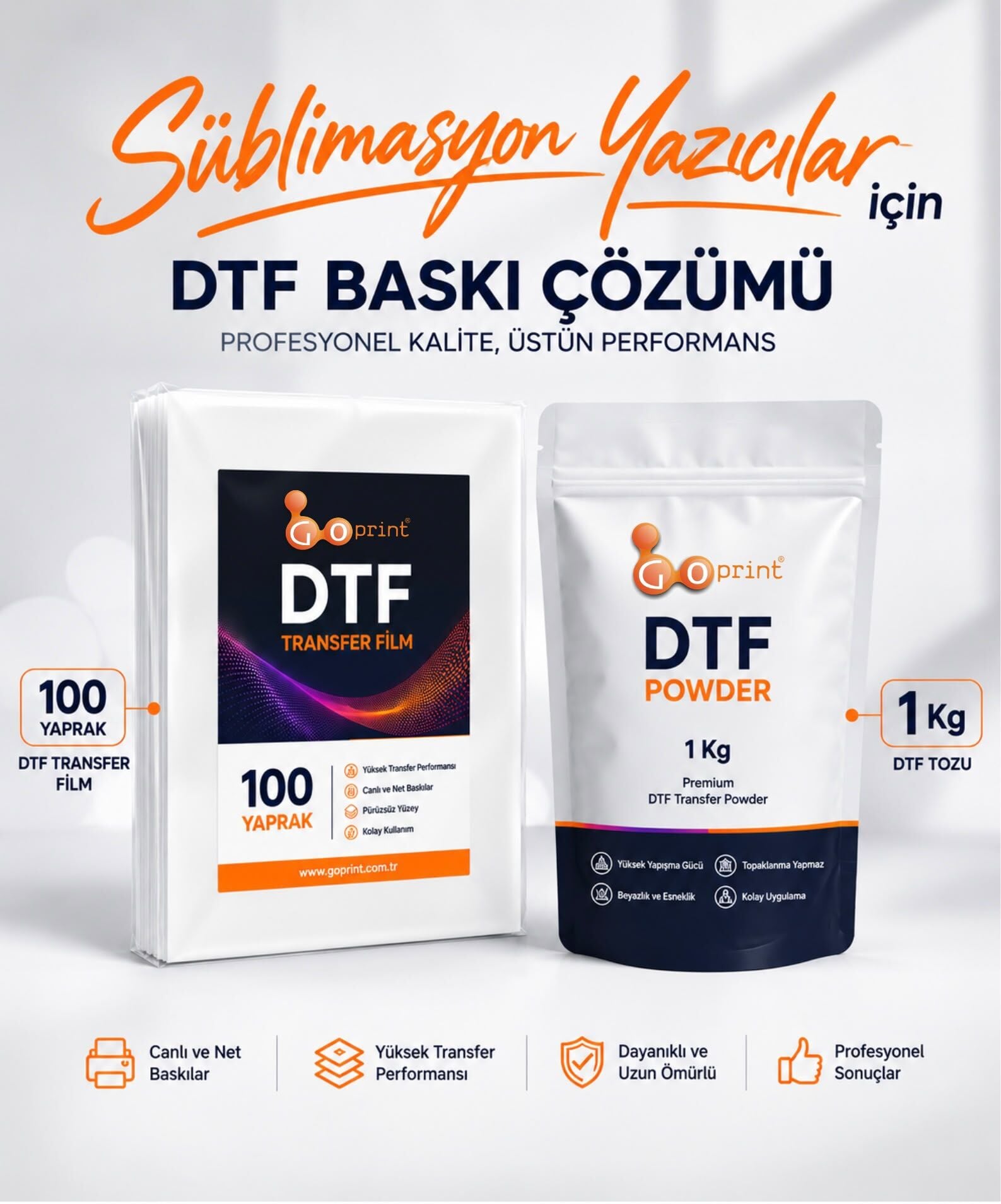 Goprint DTF Süblimasyon Film ve Toz Seti | A4 Film 100 Yaprak + 1 Kg Toz | Canlı & Dayanıklı